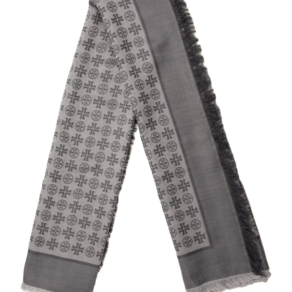Tory Burch Traveler Logo Jacquard Wool & Silk Scarf / Shawl / Wrap - Picture 7 of 7